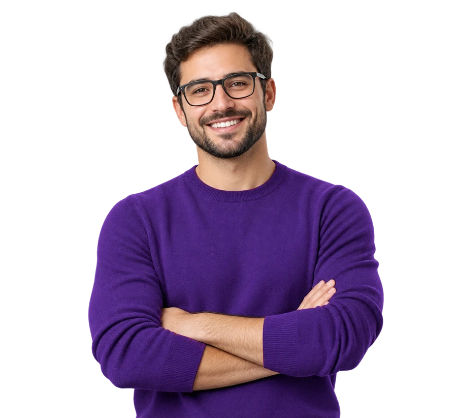 Smiling hosting specialist wearing a purple sweater